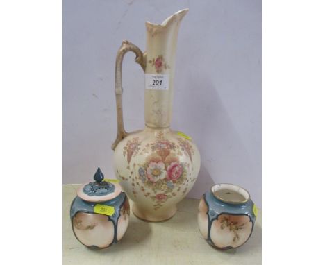 Two Royal Worcester vases, one covered, both badly damaged and an ewer