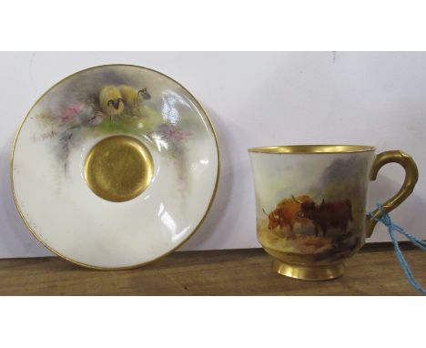 A Royal Worcester miniature saucer, decorated with sheep, signed Jas Stinton, together with a Royal Worcester cabinet cup, de