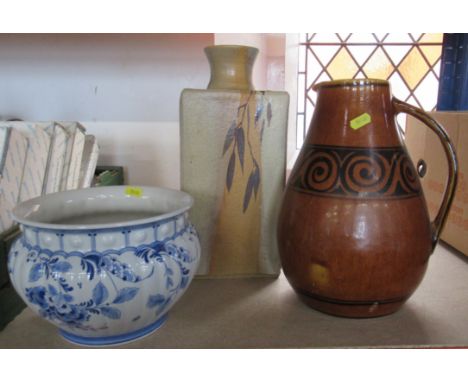 A Studio Pottery vase, or rectangular form, height 14ins, together with a Brazil jug and a Delft planter