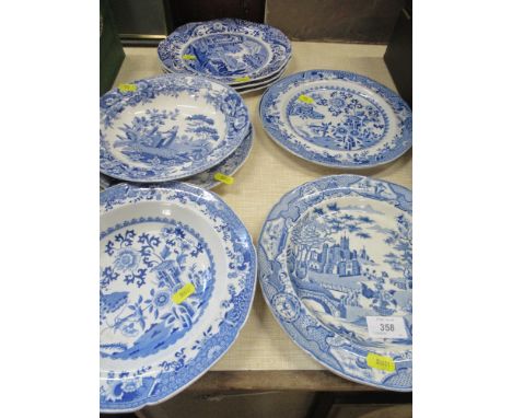 A collection of 19th century blue and white plates, including Spode, 'Gothic Castle' pattern and others
