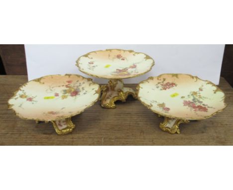 Two Royal Worcester blush ivory tazza's, and comport, all decorated with flowers, diameter 8.5ins&nbsp;