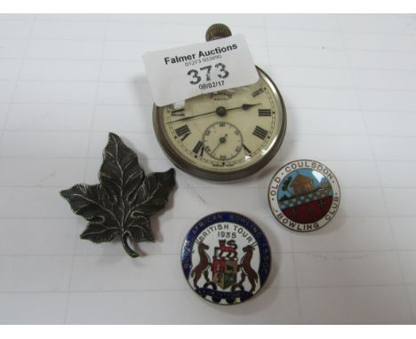 Pocket watch + 3 enamel badges