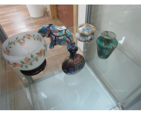 4 glass items and ceramic pot