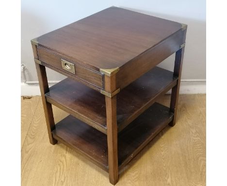 Campaign style Mahogany side table with drawer and shelf with brass inlaid corners and handle 56cm x 46cm x 61cm high 