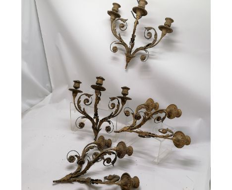 4 x antique metal &amp; gilt gesso light fittings - 38cm x 36cm across ~ some losses to detail on all &amp; have signs of mod