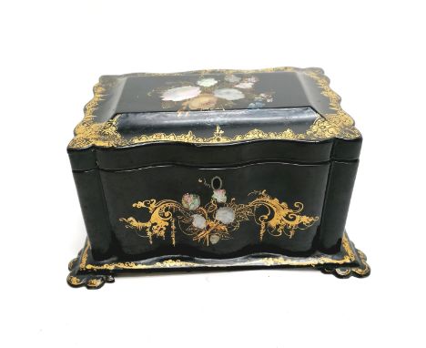 Antique papier mache tea caddy with mother of pearl &amp; handpainted decoration - 24cm x 16cm x 12cm high ~ has original int