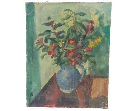 Oil painting on board of a vase of flowers signed VR - 38.5cm x 30cm 