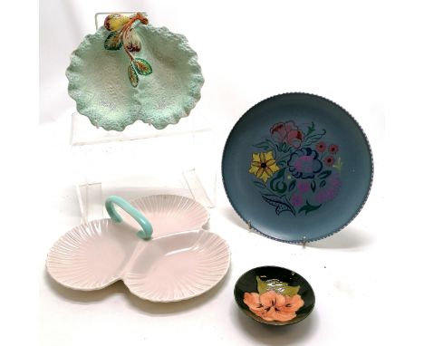 Moorcroft small dish (9.5cm diameter with original label), Poole plate, Poole triple shell dish, Shorter & Sons leaf dish ~ n