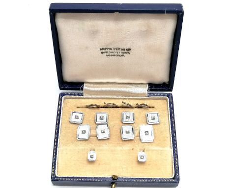 9ct marked white gold set with diamond on guilloche enamel fields Art Deco Mappin &amp; Webb cufflink / collar set in origina