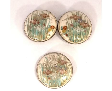 Antique satsuma large scale belt buckle &amp; belt detail with floral decoration &amp; silver plated backs which have a maker
