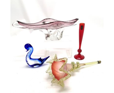 Murano glass duck (11.5cm high), Whitefriars red spill vase , art glass dish (36cm) &amp; antique epergne flute ~ no obvious 