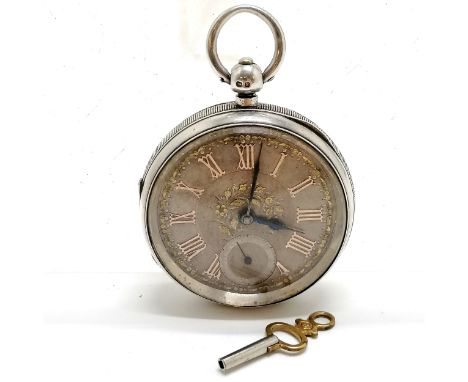 Antique silver cased pocket watch (5cm diameter) with gold arabic numerals to the silvered dial - patent 3005 safety wheel be