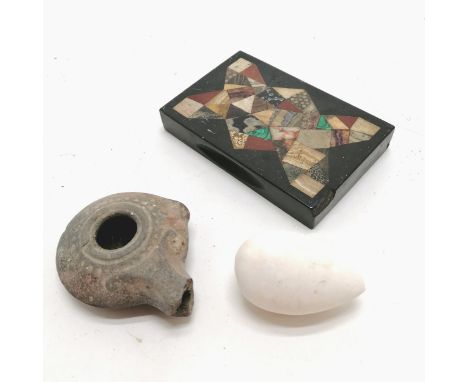 Antique oil lamp (8cm long &amp; old losses to spout), alabaster egg, Victorian pietra dura desk weight (with chips to corner