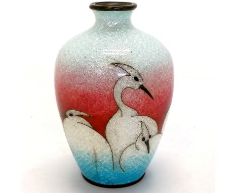 Oriental cloisonne vase with bird decoration. 7cm high. Has detatched base and a tiny flaw under the rim