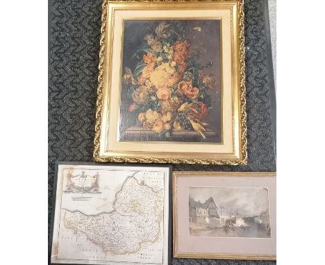 Framed Robert Morden antique map of Somersetshire, continental watercolour &amp; oleograph of flowers by Franz Xaver Petter -