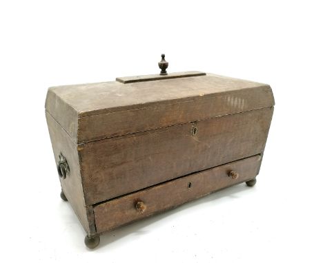 Unusual antique pine box with caddy top &amp; drawer to base with original scumble paint finish and stands on 4 brass feet - 