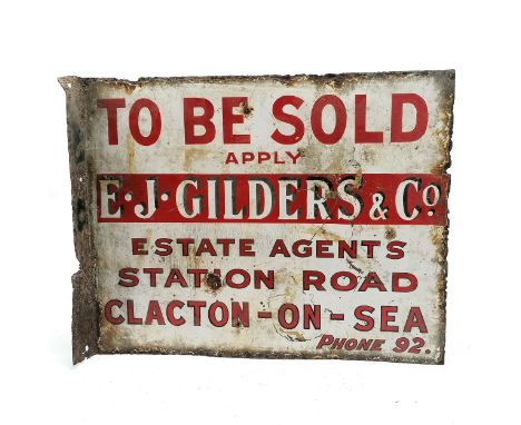 Original enamel E J Gilders &amp; Co estate agents (Clacton-on-sea) double sided advertising sign - 50cm x 40cm &amp; has los