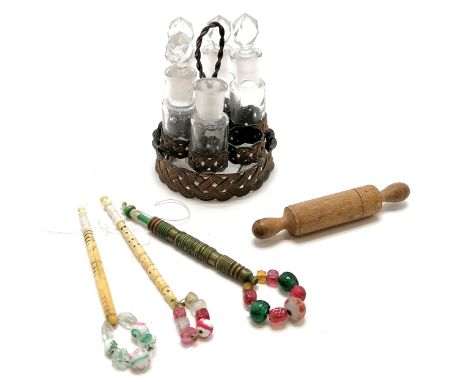 Novelty turned wooden rolling pin needle case (9.5cm) t/w 3 antique lace bobbins (alight a/f) &amp; a part scent bottle table