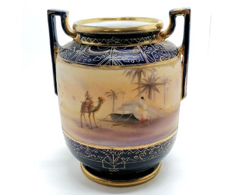 Noritake camel in desert pattern large 2 handled vase - 22cm high ~ wear to gilding on handles otherwise no obvious damage 