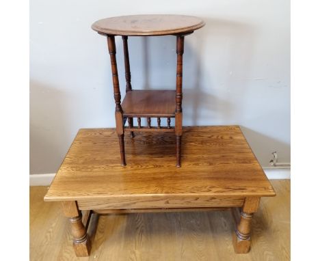 Oak coffee table 100cm x 60cm x 45cm high t/w Mahogany circular side table with shelf 48cm diameter x 66cm high, has some wat