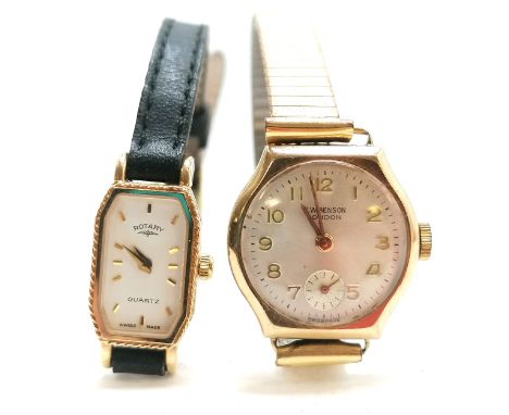 2 x ladies 9ct gold cased watches - manual wind J W Benson (2cm diameter &amp; running) &amp; a ladies Rotary quartz watch (w