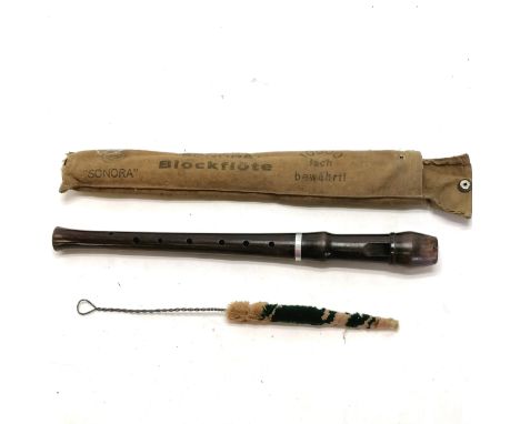 Vintage Sonora Blockflote rosewood recorder in original cloth case and cleaner. 33cm long