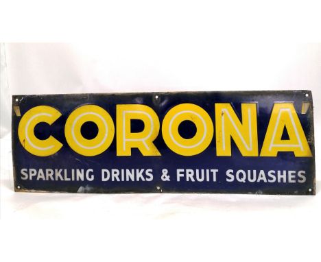 Antique enamel Corona advertising sign in blue and yellow 76cm x 26cm. In good used condition. 