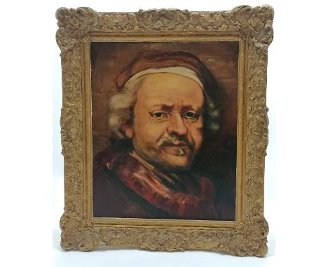 Framed oil on canvas portrait painting of Rembrandt with name on reverse K Irvine - 39cm x 33.5cm 