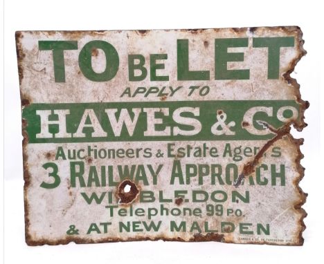 Antique Hawes &amp; Co green and white enamel sign. Double sided with obvious corrosion and loses to the enamel. 50cm x 38cm 