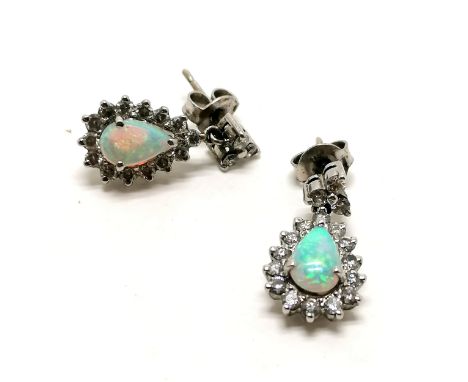 18ct hallmarked white gold opal &amp; diamond drop earrings - 2cm drop &amp; 4.9g total weight - SOLD ON BEHALF OF THE NEW BR