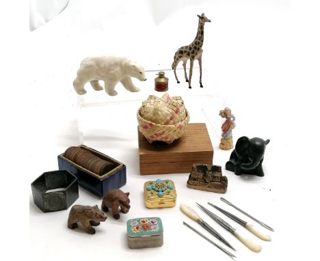 Qty of oddments inc Taylor &amp; Barrett lead giraffe (10cm), coins, bodkins, micro mosaic box, black forest carved small bea