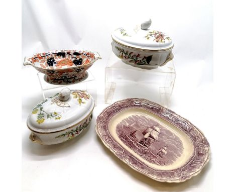 Pair of Spode Genista &amp; Digitalis floral decorated tureens (28cm long &amp; no obvious damage) t/w Masons American marine