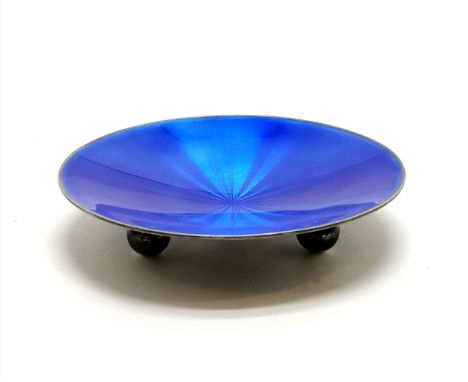 Norwegian silver blue guilloche enamel dish on 3 ball feet #1027 by Marius Hammer - 7.5cm diameter &amp; 48.9g total weight ~