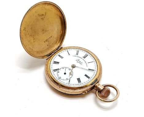 Antique gold plated hunter pocket watch (4.8cm case) by Lancashire Watch Co Ltd, Prescot - has dents but otherwise in good us