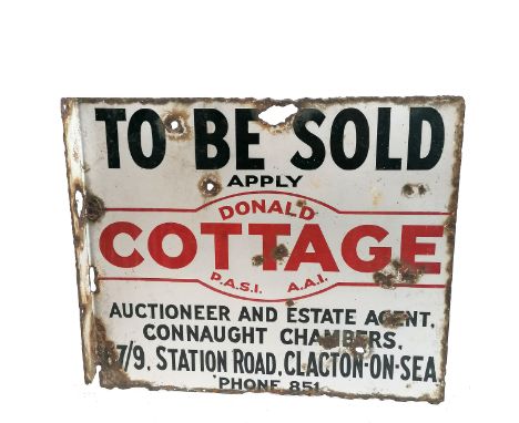 Original enamel Donald Cottage estate agent (Clacton-on-sea) advertising sign - 50cm x 43cm &amp; has losses / holes 