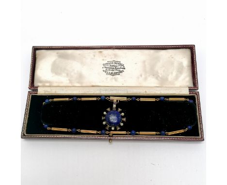Antique unmarked touch tests as high carat gold necklace with lapis lazuli beads (45cm) with detachable lapis / pearl / diamo