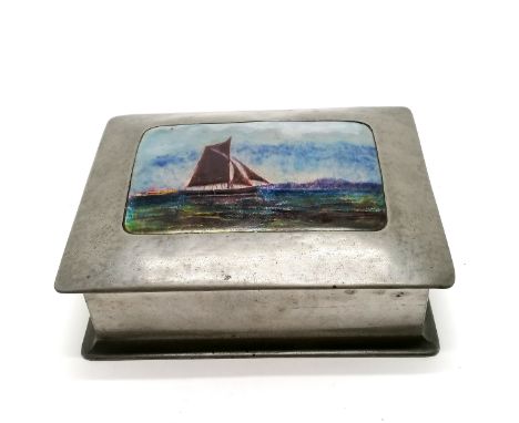 Liberty &amp; Co : Tudric pewter Arts &amp; Crafts jewellery box #083 with inset enamel plaque depicting sailboat &amp; origi