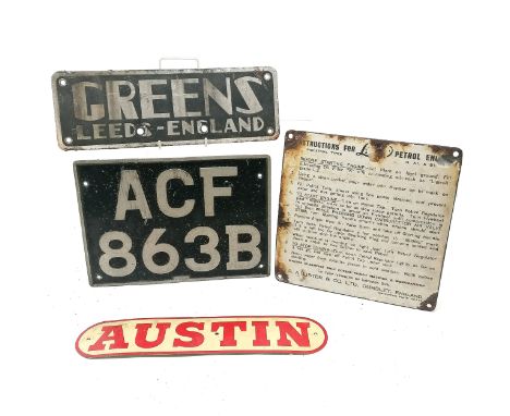 Original enamel sign - instructions for Lister petrol engine (25cm square &amp; has losses) t/w aluminium Austin sign, Greens