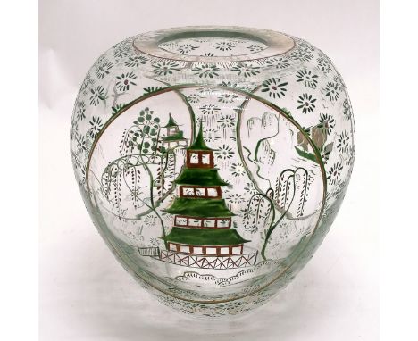 Glass hand enamel chinoiserie decorated vase signed 1948 Sheila Oakden - 15cm high and has slight wear to gilding at top 