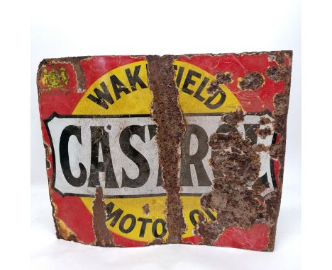 Enamel Castrol Wakefield Motor Oil double sided sign 50cm x 41cm. Obvious losses and corrosion 