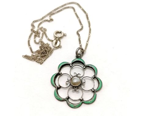 Silver green enamel pearl flower pendant on a silver marked chain (40cm) - slight a/f to enamel - SOLD ON BEHALF OF THE NEW B