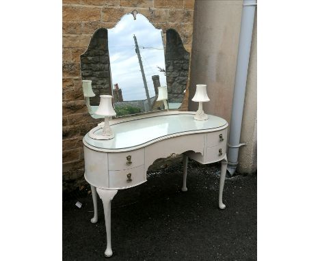 Kidney shaped cream painted dressing table with lamp detail - 118cm long x 54cm deep x 160cm high