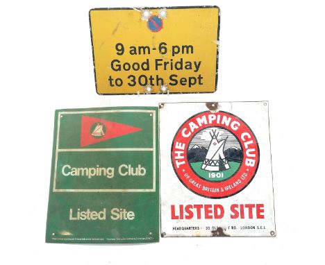 Original enamel The Camping Club of Great Britain &amp; Ireland advertising sign - 25cm x 30cm with damage t/w plastic campin