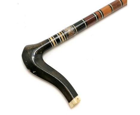 Antique walking stick / cane with sectional banded shaft &amp; horn and bone handle with silver collar - 90cm &amp; in good u