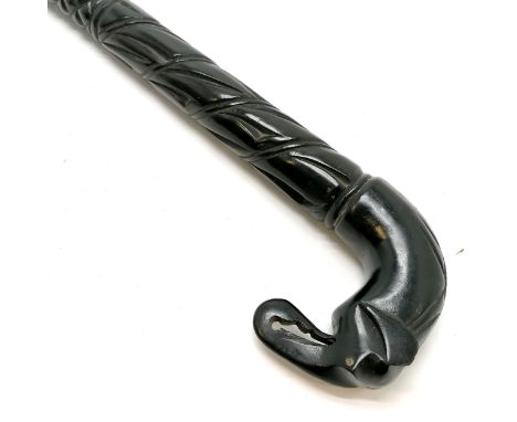 Carved ebony chunky walking stick with elephant head handle &amp; crocodile detail to top of head - 91cm &amp; lacks tusks 