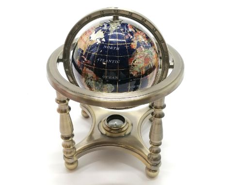 Contemporary globe inset with stones on stand &amp; with compass to base - 17cm diameter &amp; 22cm high ~ no obvious damage 