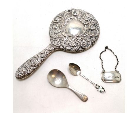 Silver hallmarked hand mirror (23cm), Silver &amp; enamel spoon t/w Madeira decanter label &amp; caddy spoon 