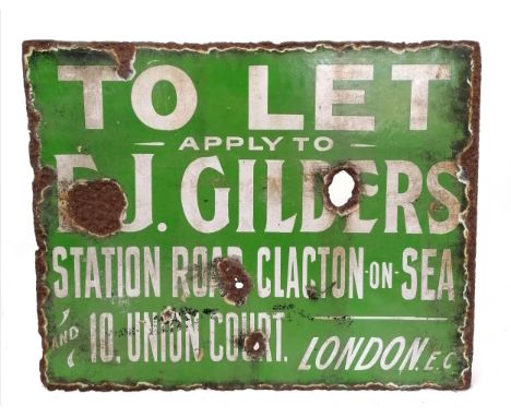 Antique green &amp; white enamel To Let E. J Gilders Clacton on Sea advertising sign 51cm x 41cm Obvious losses and holes.