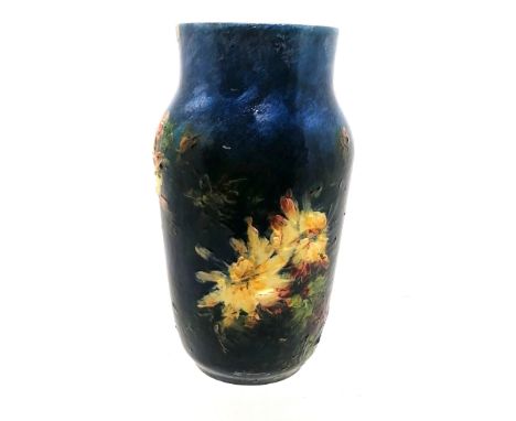 French art pottery vase with raised floral decoration #182 marked ES/M&amp;L - 20cm high &amp; has 2 chips on the rim 