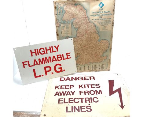 2 x vintage danger signs - largest plastic (60cm x 44cm) &amp; smallest aluminium t/w RAC road map on card backing ~ all slig